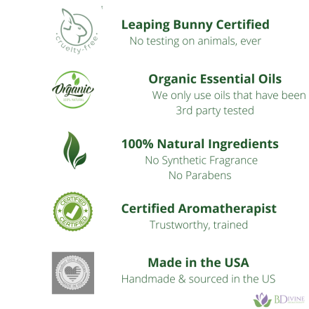 Cruelty free, organic essential oils, natural ingredients, certified aromatherapist, made in the usa