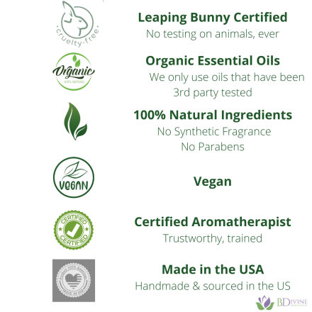 Cruelty free, organic essential oils, natural ingredients, certified aromatherapist, made in the usa vegan